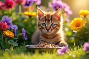 A kitten is sitting in the grass with flowers photo