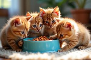 Four kittens eating food from a bowl photo