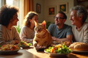 A cat sits at the table with people and food photo