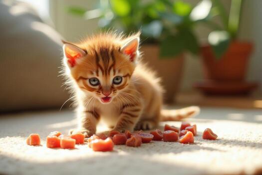 A small kitten eating carrots on the floor photo
