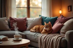 A cat is sitting on a couch in front of a window photo