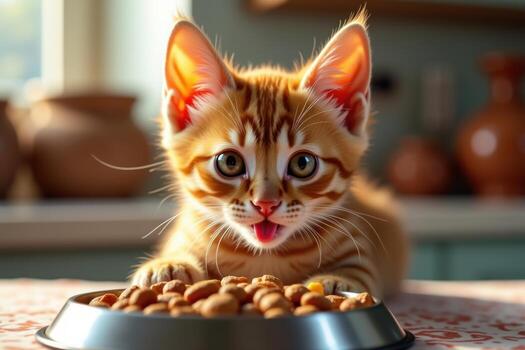 A kitten is sitting on a table with food photo