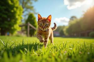 A cat walking across a green field photo