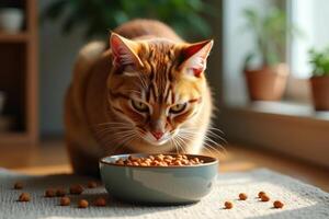 A cat is looking at a bowl of food photo