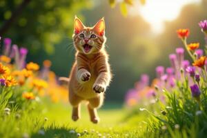 A cat running through a field of flowers photo