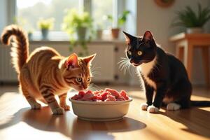 Two cats eating from a bowl of food photo