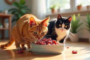 Two cats eating from a bowl of food photo