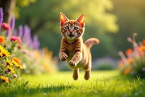 A cat running through a field of flowers photo
