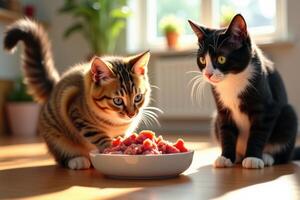 Two cats eating food from a bowl on the floor photo