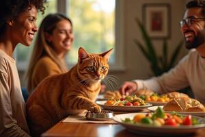 A cat sitting at a table with people eating food photo