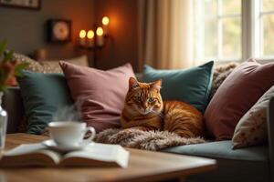 An orange tabby cat sits on a couch in front of a book photo