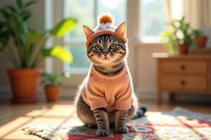 A cat wearing a sweater and hat sitting on a rug photo