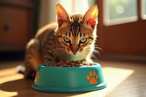 A cat is eating food from a bowl photo
