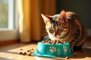 A cat eating food from a bowl on a table photo
