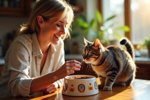 A woman feeding her cat food from a bowl photo