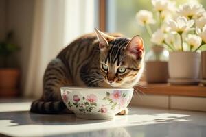 A cat sitting on a window sill eating from a bowl photo
