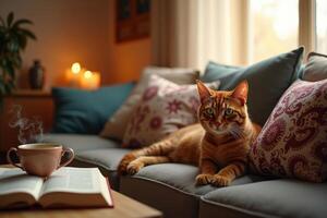 An orange tabby cat sits on a couch with a cup of coffee photo