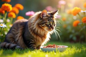 A cat is sitting on the grass eating food photo