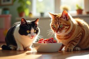 Two cats eating from a bowl of food photo