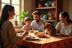 A family eating dinner together with a cat photo