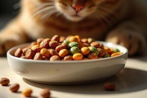 A cat is looking at a bowl of food photo