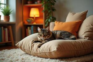A cat is sitting on a bean bag chair photo