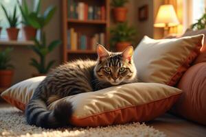 A cat is sitting on a pillow in front of a book shelf photo