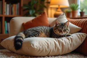A cat is laying on a pillow in a room photo