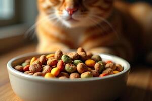 A cat is sitting in front of a bowl of food photo