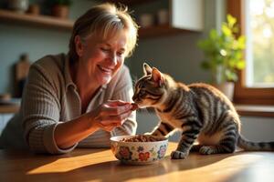 A woman feeding a cat food from a bowl photo