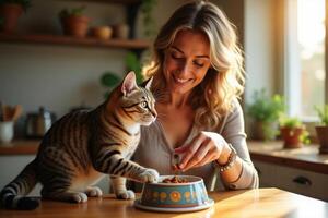 A woman feeding her cat food from a bowl photo