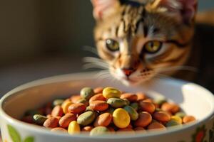 A cat is looking at a bowl of food photo