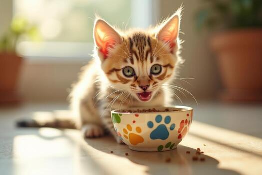 A kitten is sitting in front of a bowl with food photo
