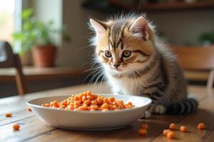A kitten sitting on a table with a bowl of carrots photo