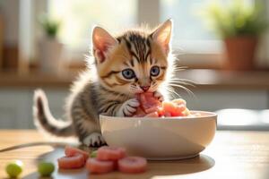 A kitten eating a bowl of watermelon photo
