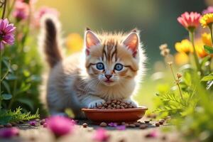 A kitten is eating food from a bowl in a garden photo