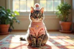 A cat wearing a sweater and hat sitting on a rug photo
