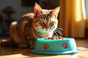 A cat is sitting on a table with food on it photo