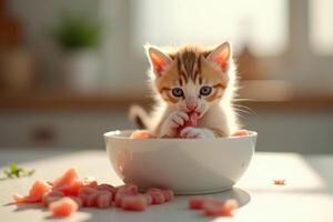 A kitten eating meat in a bowl photo