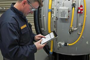 A man in a blue shirt is using a tablet computer photo