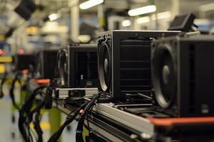 A row of black computer servers on a conveyor belt photo