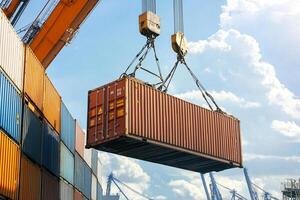 A crane lifting a container onto a ship photo
