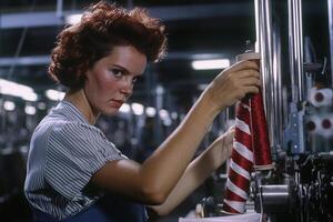 A woman in an industrial factory with red and white striped fabric photo