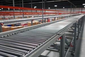 A conveyor belt in a warehouse with boxes and pallets photo