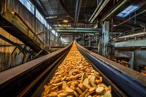 A conveyor belt with a pile of chips photo