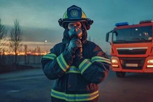 A firefighter standing in front of a fire truck photo