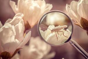 A magnifying glass is looking at a bug in a flower photo