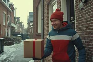 A man in a red hat and jacket holding a box photo