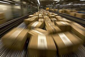 A conveyor belt with boxes moving down it photo