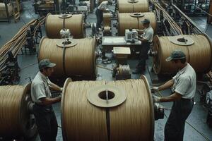 Workers at a factory assembling large rolls of wire photo